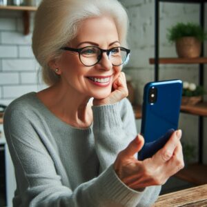 Mujer mayor feliz, en una videollamada con Dalia app